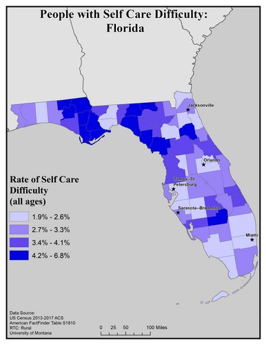 Map of FL showing rates of self-care difficulty. Text description on page.