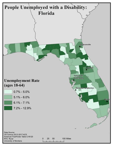 Map of FL showing rates of unemployment for people with disabilities. Text description on page.