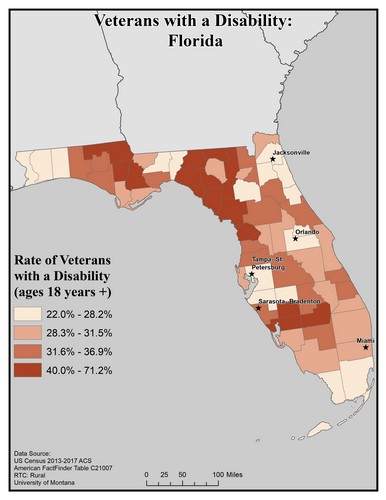 Map of FL showing rates of veterans with disability. Text description on page.
