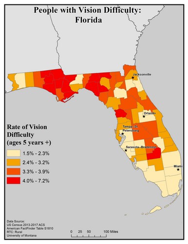 Map of FL showing rates of vision difficulty by county. Text description on page.