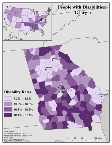 map of GA showing disability rate by county. Text description on page. 