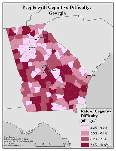 Map of GA showing rates of cognitive difficulty. Text description on page.