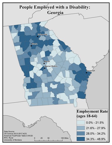 Map of GA showing rates of people with disability employed. Text description on page.