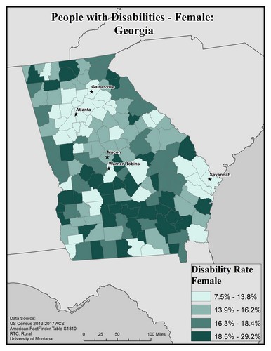 Map of GA showing rates of disability among females. Text description on page. 