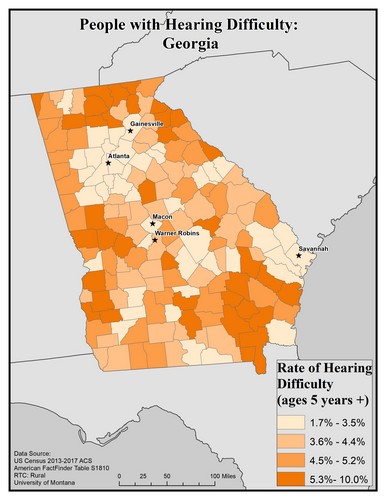 Map of GA showing rates of hearing impairment by county. Text description on page. 
