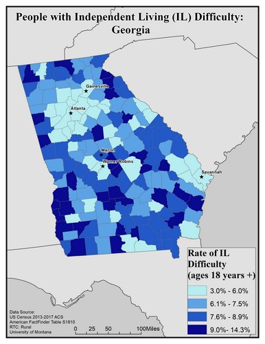 Map of GA showing rates of IL difficulty. Text description on page.