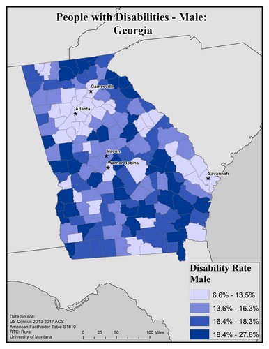 Map of GA showing rates of disability among males. Text description on page. 