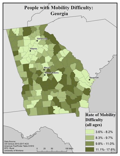 Map of GA showing rates of mobility difficulty. Text description on page.