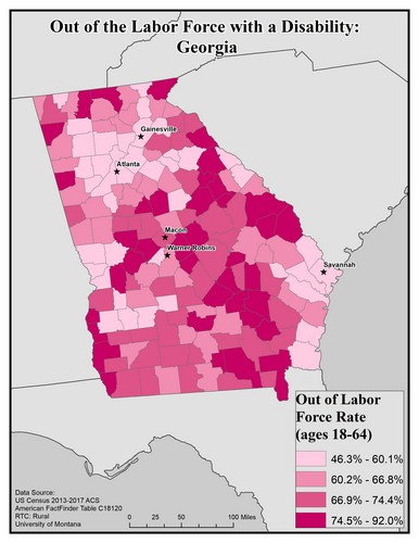 Map of GA showing rates of people with disability out of labor force. Text description on page.
