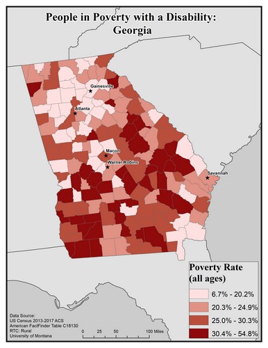 Map of GA showing rates of people with disabilities in poverty. Text description on page.