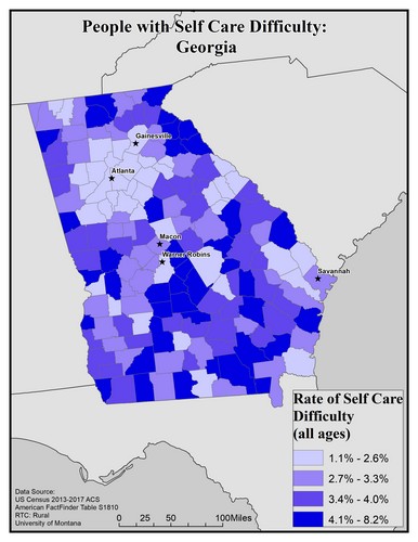 Map of GA showing rates of self-care difficulty. Text description on page.