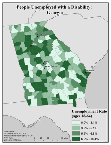 Map of GA showing rates of unemployment for people with disabilities. Text description on page.