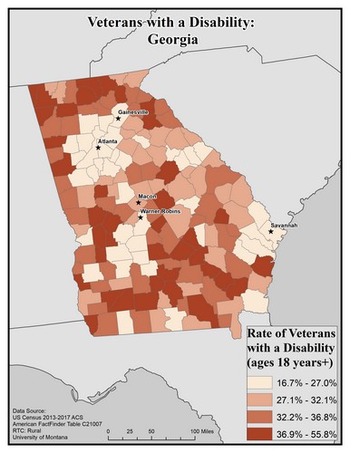 Map of GA showing rates of veterans with disability. Text description on page.