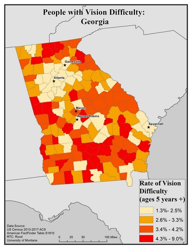 Map of GA showing rates of vision difficulty by county. Text description on page.