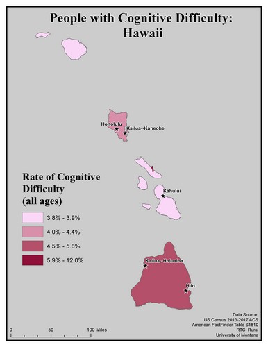 Map of HI showing rates of cognitive difficulty. Text description on page.