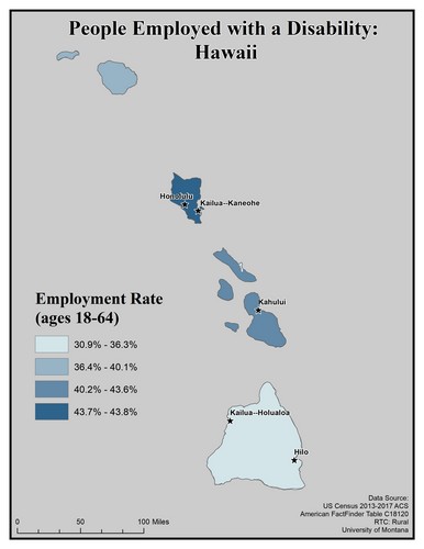 Map of HI showing rates of people with disability employed. Text description on page.