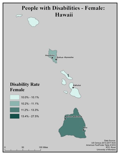 Map of HI showing rates of disability among females. Text description on page. 