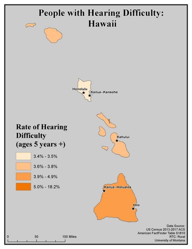 Map of HI showing rates of hearing impairment by county. Text description on page. 
