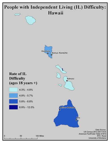 Map of HI showing rates of IL difficulty. Text description on page.