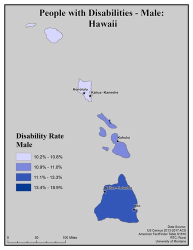 Map of HI showing rates of disability among males. Text description on page. 