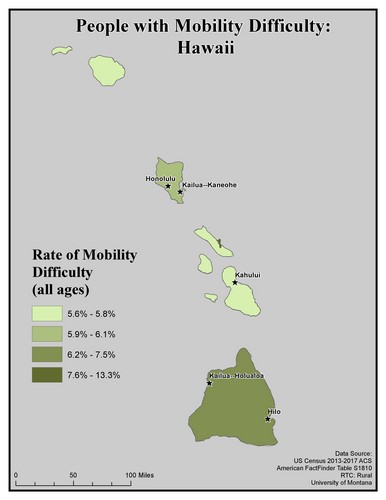 Map of HI showing rates of mobility difficulty. Text description on page.