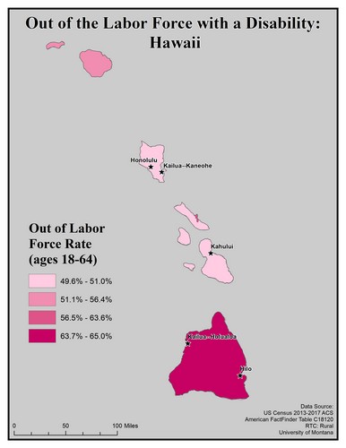 Map of HI showing rates of people with disability out of labor force. Text description on page.