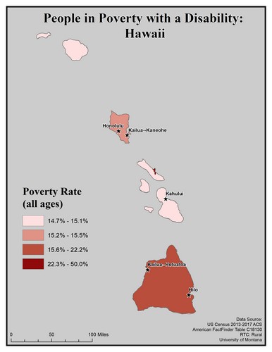Map of HI showing rates of people with disabilities in poverty. Text description on page.