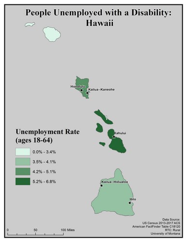 Map of HI showing rates of unemployment for people with disabilities. Text description on page.