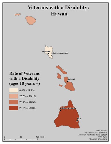 Map of HI showing rates of veterans with disability. Text description on page.