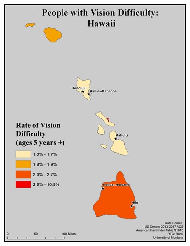 Map of HI showing rates of vision difficulty by county. Text description on page.