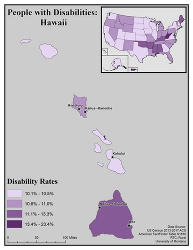 map of HI showing disability rate by county. Text description on page. 