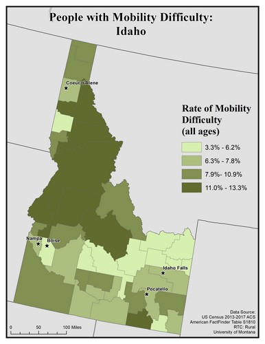 Map of ID showing rates of mobility difficulty. Text description on page.