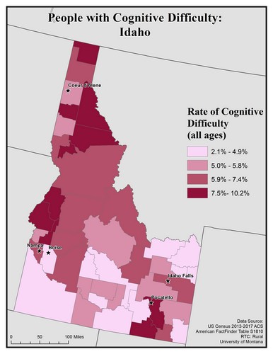 Map of ID showing rates of cognitive difficulty. Text description on page.