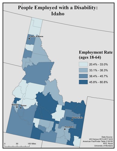 Map of ID showing rates of people with disability employed. Text description on page.