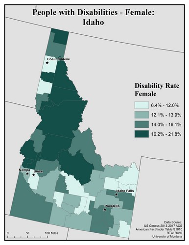 Map of ID showing rates of disability among females. Text description on page. 
