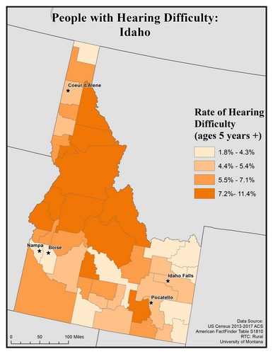 Map of ID showing rates of hearing impairment by county. Text description on page. 