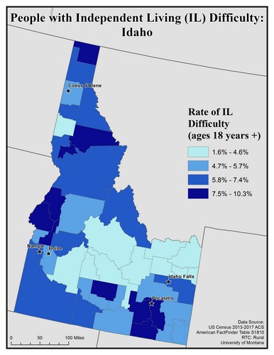 Map of ID showing rates of IL difficulty. Text description on page.