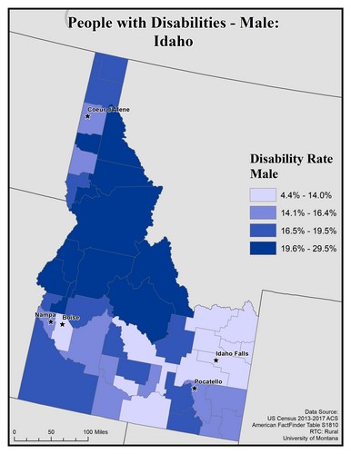 Map of ID showing rates of disability among males. Text description on page. 