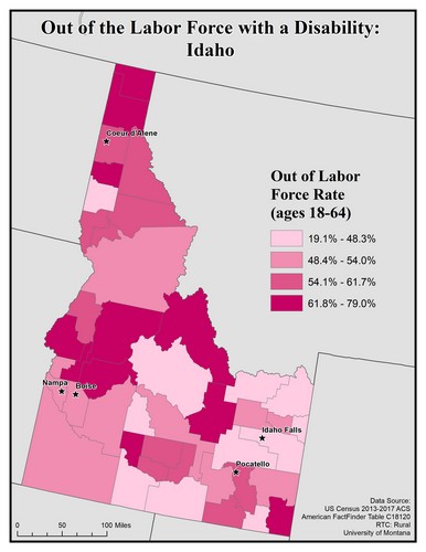 Map of ID showing rates of people with disability out of labor force. Text description on page.
