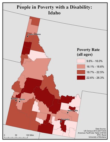Map of ID showing rates of people with disabilities in poverty. Text description on page.