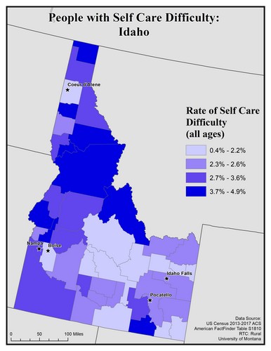 Map of ID showing rates of self-care difficulty. Text description on page.