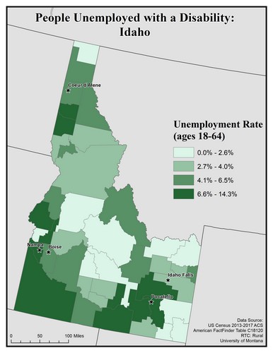 Map of ID showing rates of unemployment for people with disabilities. Text description on page.