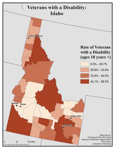 Map of ID showing rates of veterans with disability. Text description on page.