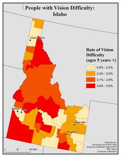 Map of ID showing rates of vision difficulty by county. Text description on page.