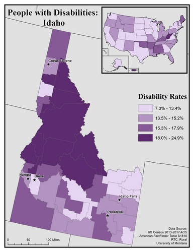 map of ID showing disability rate by county. Text description on page. 