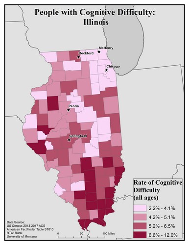 Map of IL showing rates of cognitive difficulty. Text description on page.
