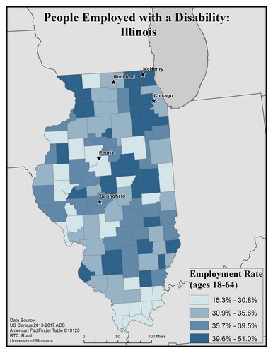 Map of IL showing rates of people with disability employed. Text description on page.