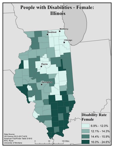 Map of IL showing rates of disability among females. Text description on page. 
