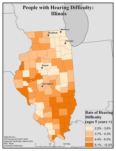 Map of IL showing rates of hearing impairment by county. Text description on page. 