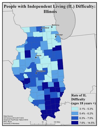 Map of IL showing rates of IL difficulty. Text description on page.